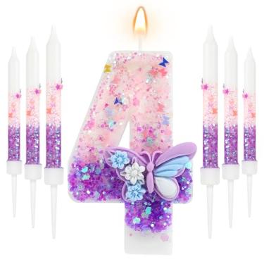 Imagem de AKURIEEY Borboleta 4º aniversário vela roxa número 4 com 6 peças velas longas para meninas, enfeite de bolo, decoração de cupcake, decoração de festa, aniversário, celebrações, suprimentos