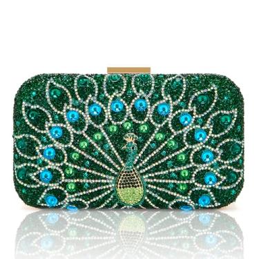 Imagem de Milisente Bolsa clutch feminina de cristal pavão para noite bolsa de mão retangular formal com fecho de metal (verde R)