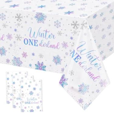 Imagem de MEHOFOND 3 peças de toalhas de mesa descartáveis de inverno Onederland, azul e roxo, 1º aniversário, floco de neve, capas de mesa de plástico para meninas e meninos no país das maravilhas de inverno