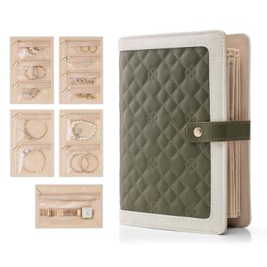 Imagem de Vlando Organizador de livros de joias – Estojo de couro para viagem com 5 páginas destacáveis para colares, anéis, brincos, sem emaranhados, para presente, verde-oliva