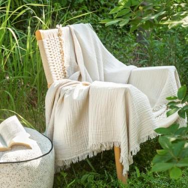 Imagem de MooMee Cobertor de musselina - Cobertor de gaze 100% algodão de 4 camadas com borlas ultramacio respirável leve refrescante para sofá de cama (bege, 152 cm x 127 cm)