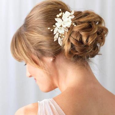 Imagem de Pedaços de cabelo PrettyLife Flower Bridal com pente e folha de pérola