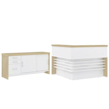 Imagem de Conjunto Balcão Recepção em L e Balcão 2 Portas 3 Gavetas Corp A06 Olmo/Branco - Mpozenato
