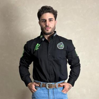 Imagem de Camisa Radade Rodeio Masculina Bordada Manga Longa Cowboy, Preto, GG