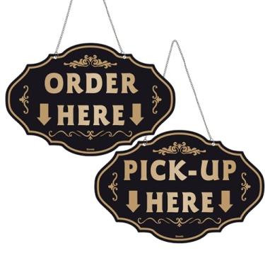 Imagem de Danoib Peça aqui e pegue aqui placas 2 peças, dupla face durável PVC moderno Encomende aqui com seta para pendurar para restaurantes, cafés e bares, padaria 20 x 30 cm