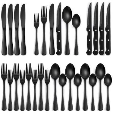 Imagem de Jogo de Talheres Sofisticado Preto de 24 Peças com Facas de Churrasco - Aço Inox Premiu...