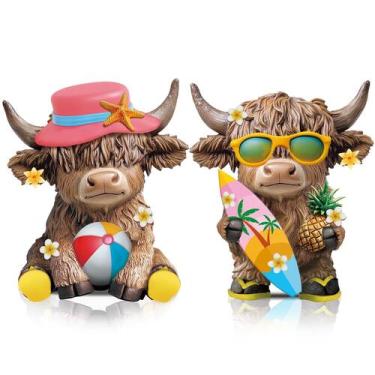Imagem de Estatuetas Karenhi Highland Cow Summer Beach Resin 10 cm - 2 peças