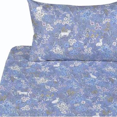 Imagem de J-pinno Jogo de lençol solteiro com flores azuis de veado raposa para decoração de quarto, 100% algodão, lençol de cima + lençol com elástico + fronha (36, solteiro)