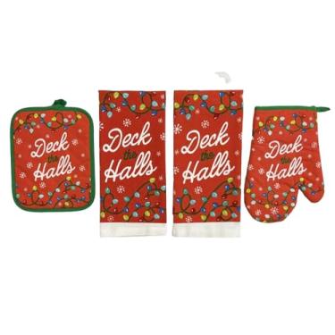 Imagem de Toalha de prato de cozinha de Natal e suportes de panela – Conjunto de 4 "Deck The Halls" vermelhos 100% algodão com design de luzes de Natal - duas (2) toalhas de cozinha, uma (1) luva de forno e um