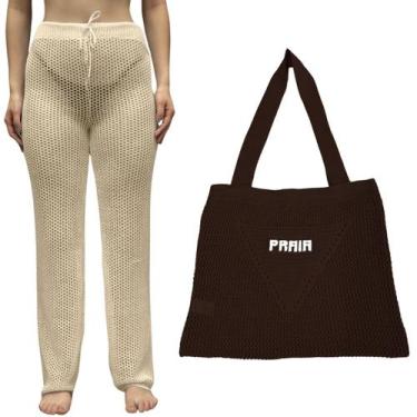 Imagem de Kit Calça Prantola Feminina e Bolsa Saida de Praia Tricot Moda Verão -