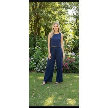 Imagem de Calça Pantalona com bolso e regulagem de cintura - Mar e Cel, Azul, G,