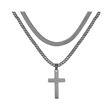 Imagem de Colar de cruz para homens – Colar de crucifixo em camadas de aço inoxidável banhado a ouro 14K, prata e preto, corrente cubana de espinha de peixe, corrente de corrente com pingente de cruz, joias