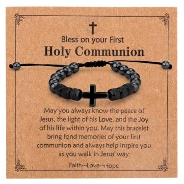 Imagem de Pulseira de cruz para homens, pulseira de contas de obsidiana ajustável feita à mão, berloque, joia religiosa cristã, primeira comunhão para presentes para pai e marido