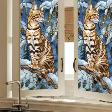 Imagem de HOMETITUTE Película de privacidade de vitral de gato, janela decorativa com design de gato tigre e janela de aderência estática para casa, cozinha, banheiro, sala de estar, 17,7 x 39,3 polegadas