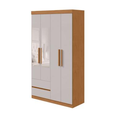 Imagem de Guarda-Roupa Casal com Espelho Zeus sem Pés 4 Portas 2 Gavetas Off White e Amêndoa