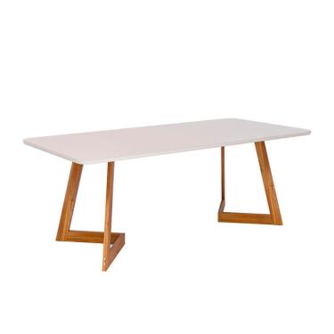 Imagem de Mesa de Jantar Retangular com Tampo de Vidro Caju Off White e Madeira 210 cm