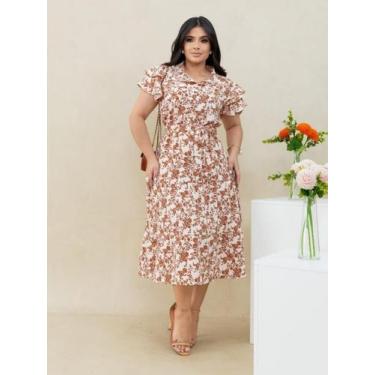 Imagem de Vestido Feminino Midi Soltinho Estampado Rodado Cintura Marcada Elegan