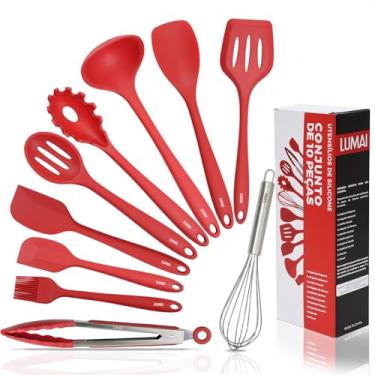Imagem de LUMAI Kit 10 Utensílios de Cozinha em Silicone e Aço Inox, Resistentes ao Calor e Antirriscos, Não Arranham, Conjunto Acessórios de Cozinha Completo com Espátula, Pegador, Concha, Colher – Vermelho