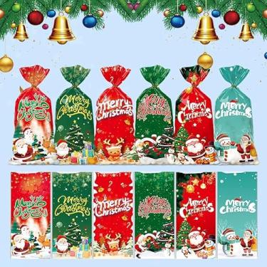 Imagem de 50 sacos de presente de Natal – Sacos de Natal para biscoitos de celofane para biscoitos, petiscos, guloseimas e doces (12,4 cm x 27 cm)