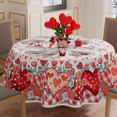 Imagem de XCHI Toalha de mesa xadrez vermelha, coração, rosas, flores, dia dos namorados, toalha de mesa redonda, toalha de mesa lavável, para decoração de festa em casa, 152 x 152 cm