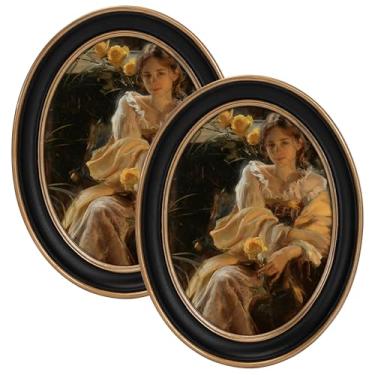 Imagem de eletecpro Conjunto de 2 porta-retratos vintage 12 x 18 cm com capa de vidro real, moldura oval ornamentada, exibição de 12 x 18 cm para pendurar na mesa ou na parede, decoração de casa preta para