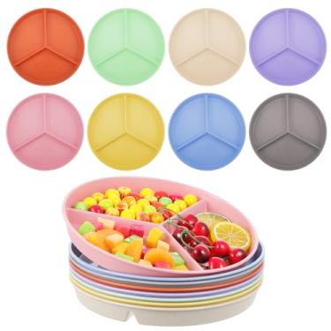 Imagem de Pratos divididos para adultos (pacote com 8), pratos divididos de palha de trigo multicoloridos, placa de controle de porção de plástico com 3 compartimentos, reutilizável para alimentação saudável
