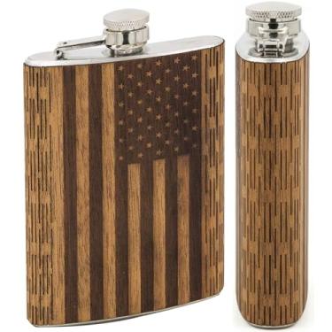 Imagem de Cantil de madeira WUDN de 170 g – Corpo de aço inoxidável, bandeira americana real