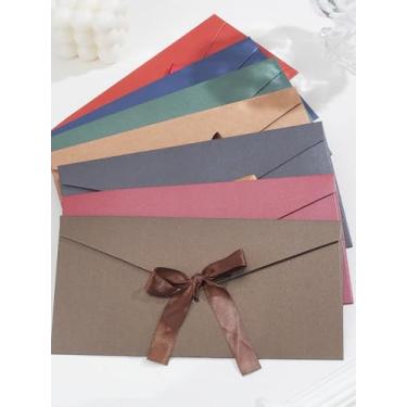 Imagem de Envelope de papel com laço, 7 peças, porta-cartões de visita retangulares, envelopes coloridos para cartões de presente para convites, fotos, documentos de casamento, fácil de selar e descascar, 220 x