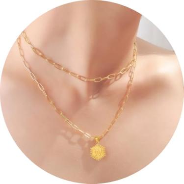 Imagem de Colar feminino com inicial em camadas, aço inoxidável banhado a ouro 18K, pingente de clipe de papel duplo A a Z, conjunto de duas correntes destacáveis, 16.5in/ 14+2in, Aço inoxidável, Sem Pedra
