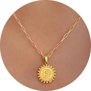 Imagem de Colar com inicial para mulheres, colar com pingente de letra, corrente de clipe de papel, joia de monograma, moeda do alfabeto, pronto em camadas, 14+2in, Aço inoxidável, Sem Pedra Preciosa