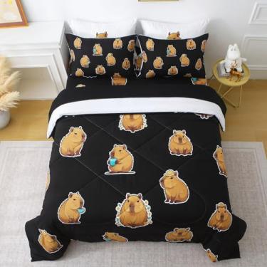 Imagem de Wajade Jogo de cama de capivara, 7 peças, fofo, preto, animal, para decoração de quarto de meninos e meninas, tamanho solteiro com lençol e 2 fronhas, 2 fronhas, cama fofa em uma bolsa, como presente