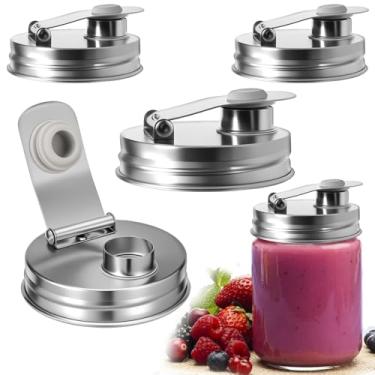 Imagem de Tampa de lata de 4 peças, aço inoxidável 304, boca regular para tampas de jarras, tampa de vedação de bocal de silicone pode ser lavada na lava-louças, 7 cm, hermética para beber molho de salada e