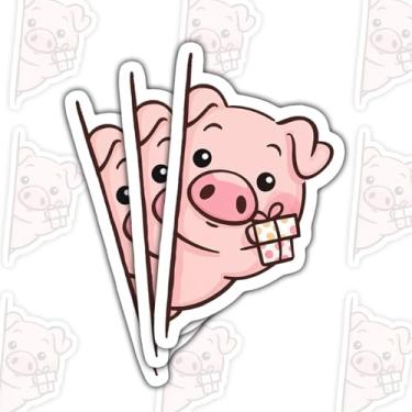 Imagem de 3 peças de adesivos de porco com caixa de presente, adesivos de vinil de animais fofos para laptop, caderno, diário, tablet, garrafa hidráulica, garrafa de água, carro, presente divertido para