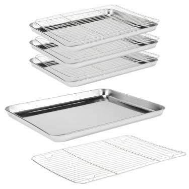 Imagem de NINGWAAN Conjunto de 8 peças de assadeira com rack de resfriamento, assadeiras de aço inoxidável, torradeira, bandeja de forno e grade de arame para assar, 40,6 x 30,5 x 2,5 cm