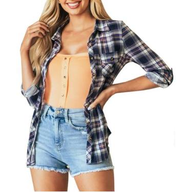 Imagem de Camisa feminina NUOREEL clássica xadrez com botões, azul marinho, médi