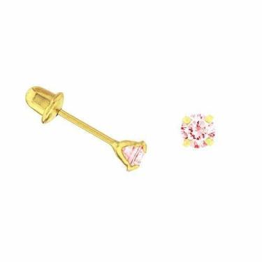 Imagem de Brinco De Ouro 18k Infantil  2º Furo 3mm Pedra Rosa - DR Joias
