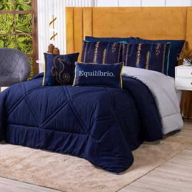 Imagem de Kit Edredom Casal Padrão Verano Com Almofadas Estampadas 07 Peças - Dupla Face Percal 300 Fios Cavalo Marinho