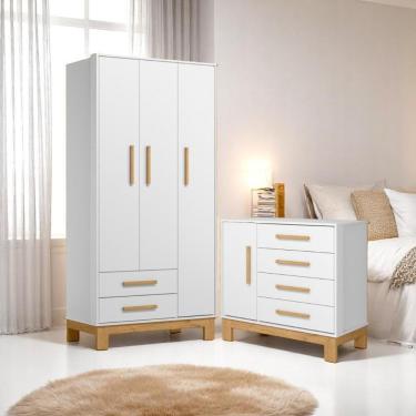 Imagem de Conjunto Infantil Encanto Slim Branco Acetinado Cômoda Encanto Slim + Guarda-roupa Encanto Slim