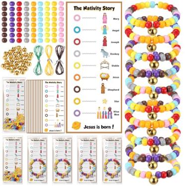 Imagem de Cunno 24 conjuntos de pulseiras de contas para artesanato de presépio de Natal com cartões de história da natividade de Jesus, sinos, artesanato religioso cristão para presentes de Natal, escola