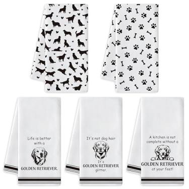 Imagem de Toalha de prato de cozinha Golden Retriever - 5 peças bonito Golden Retriever pano de prato de limpeza filhote de cachorro barra absorvente toalha de mão de secagem rápida toalhas de chá para
