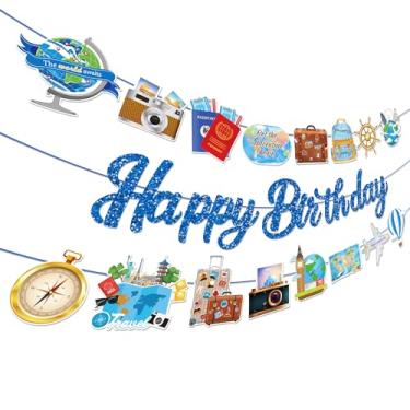 Imagem de CC HOME Faixa de viagem feliz aniversário globo câmera avião festa pendurado banner viagem mundo tema aniversário casamento chá de bebê meninos meninas crianças casa sala de aula suprimentos