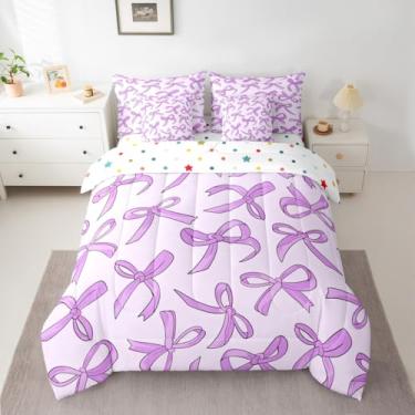 Imagem de jejeloiu Conjunto de edredom kawaii com laço fofo de 7 peças, para crianças, adolescentes, roxo, decoração de quarto, microfibra leve e macia