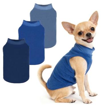 Imagem de PUPTECK Pacote com 3 suéteres de lã para cães, casaco leve de gola rolê, pulôver ultramacio para filhotes de cachorro roupas quentes de inverno para cães pequenos e médios para clima frio, azul, azul