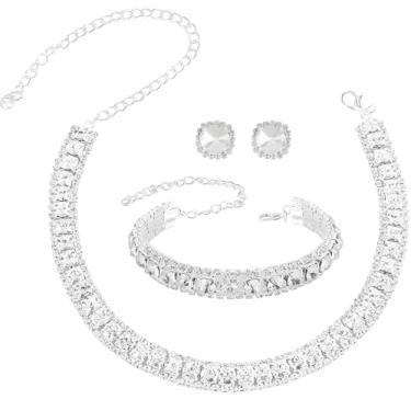 Imagem de Elegante conjunto de joias de strass com colar, brincos, pulseira, design quadrado branco, liga de cobre com strass