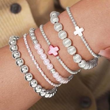 Imagem de Conjunto de pulseiras de contas douradas para mulheres, não mancha, grosso, elástico, clipe de papel, cruz, pérola, conjunto de joias empilháveis modernas para acessórios femininos
