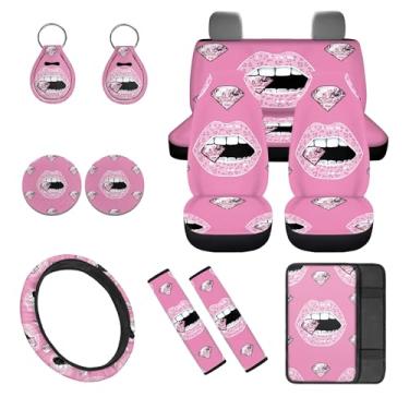 Imagem de gearider Capas de assento de carro com padrão de lábios, conjunto completo, capa elástica para volante, capas de cinto de segurança, chaveiro, braços, almofadas, decoração, ajuste universal para a