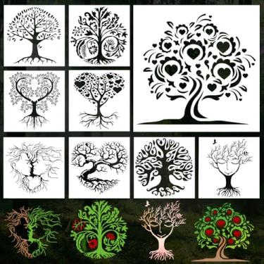 Imagem de Conjunto de 9 peças de estêncil de árvore da vida para pintura, modelo de desenho de plástico reutilizável, estêncil de árvore de coração amoroso para pintura em tela de parede de madeira, artesanato
