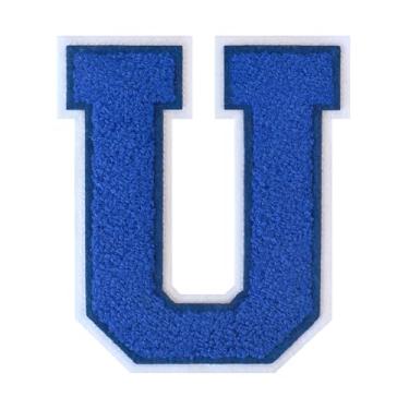 Imagem de 1 PÇ Patch de letra de chenille azul de 11,4 cm com borda branca – Remendos do alfabeto para roupas, jaquetas, mochilas, chapéus para decoração personalizada, nome personalizado e artesanato. (U)