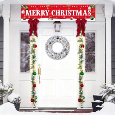 Imagem de 3 peças de decoração de Natal ao ar livre sinal de varanda banner de Natal 1,8 m guirlanda de LED com laços bolas ornamento para casa interior exterior decoração de natal porta quintal garagem