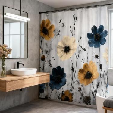 Imagem de JONSEQIN Cortina de chuveiro floral vintage rústica floral azul amarelo e creme flores com pincel grunge design retrô pintura a óleo botânica decoração de banheiro cortinas 178 x 178 cm com gancho